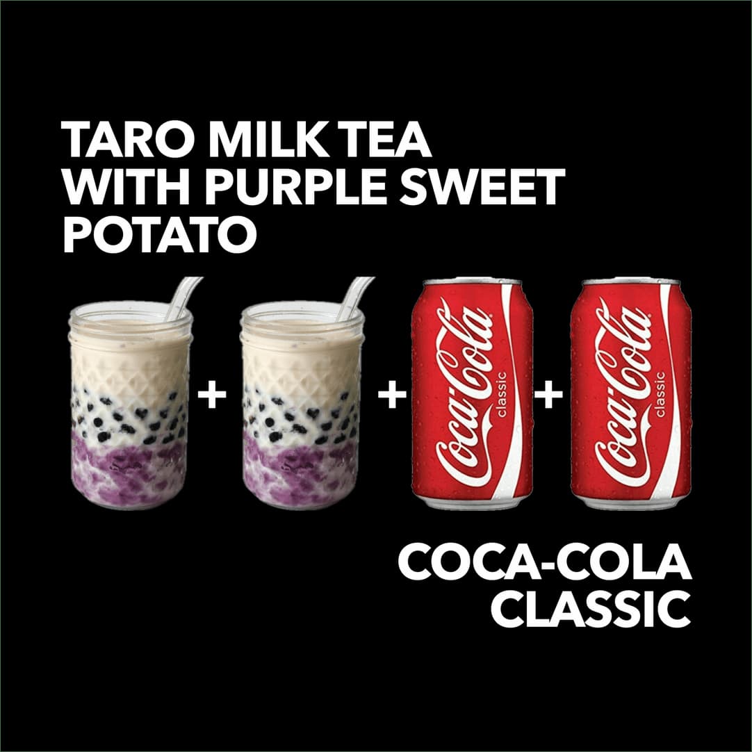 Combo image showcasing two antioxidant-rich Taro Milk Teas and two Coca-Cola Classics with healthier, low-sugar options.