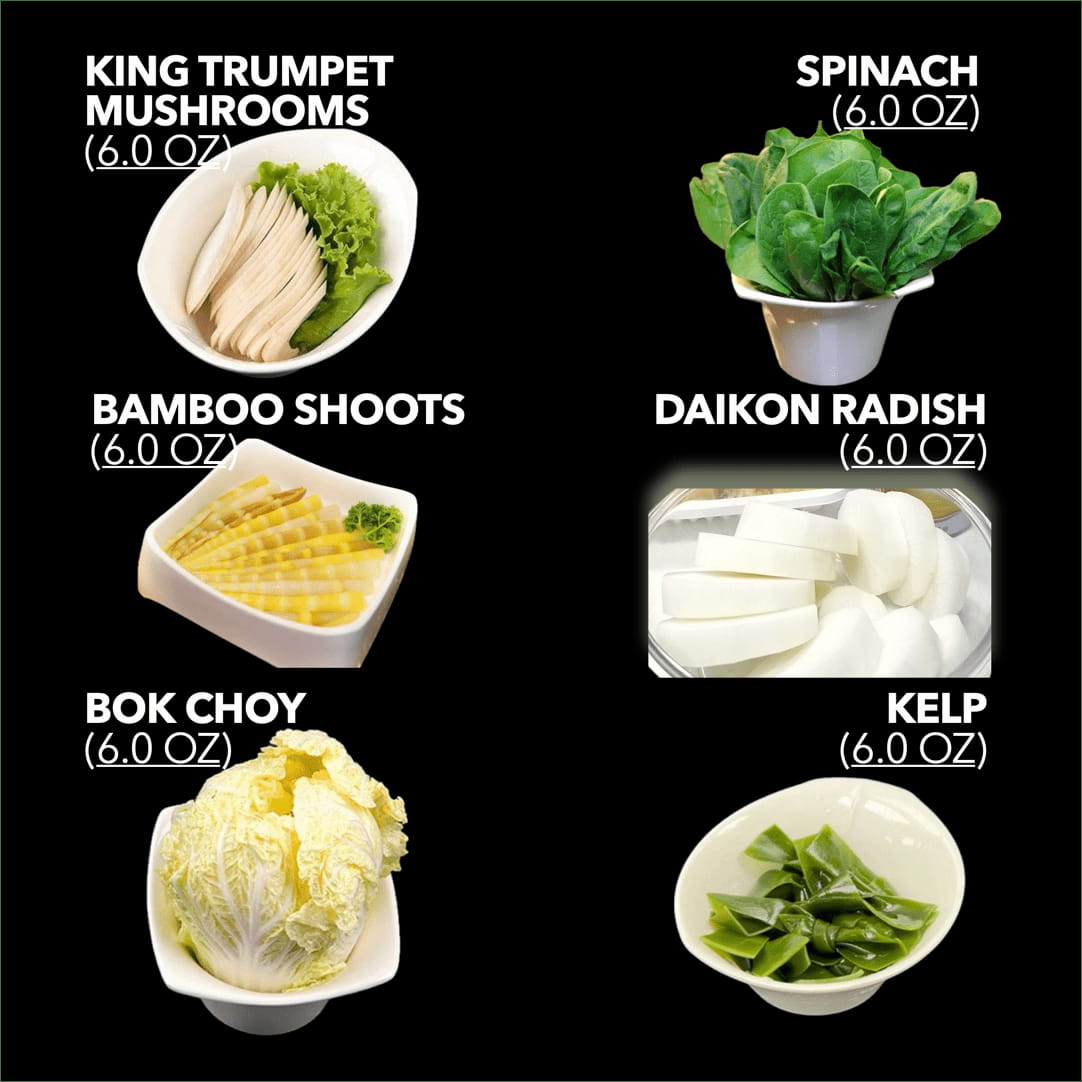 Image displaying a variety of fresh vegetable kits for hotpot, including 6 oz portions of Coprinus Comatus, Spinach, Bok Choy, Daikon Radish, Kelp, and Bamboo Shoots, all rich in vitamins, minerals, and fiber for a colorful, nutritious meal.